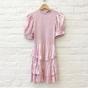 ⭐️ 2 for $25 • Olivaceous || Smocked Tiered Ruffle Mini Dress Satin Pink Small